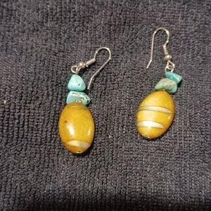 Modern Silver Tone Teal and Amber Faux Stone Dangle Earrings